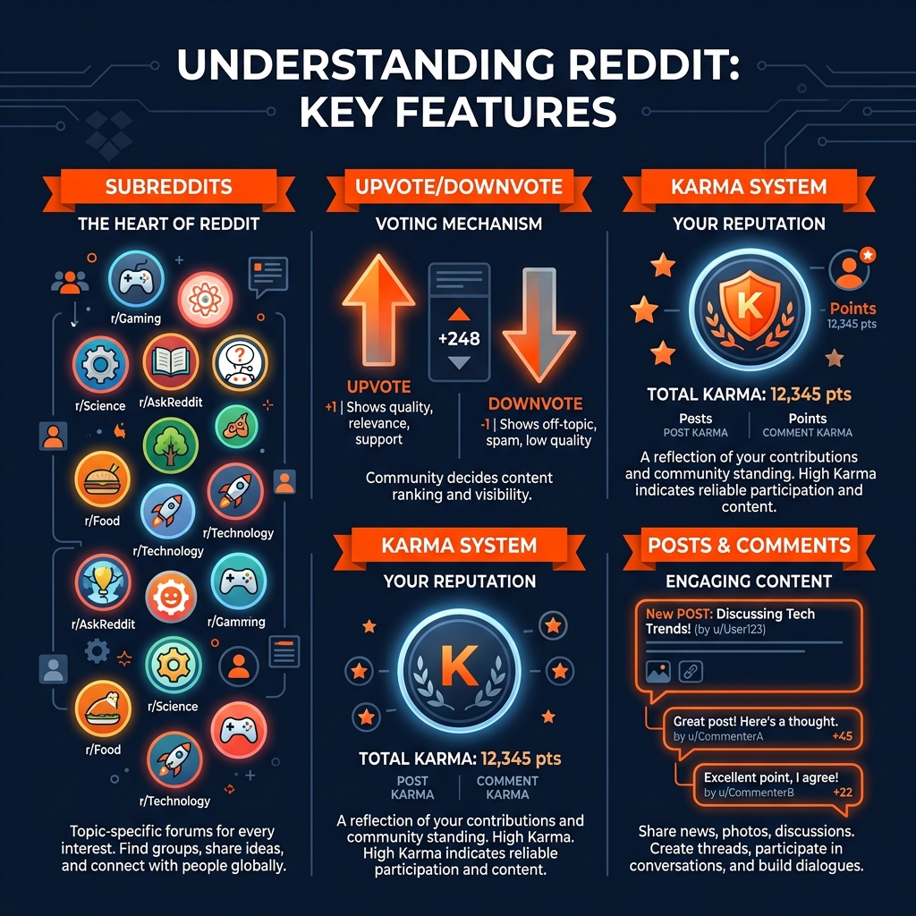 Reddit Key Features - Subreddits Upvote Downvote Karma